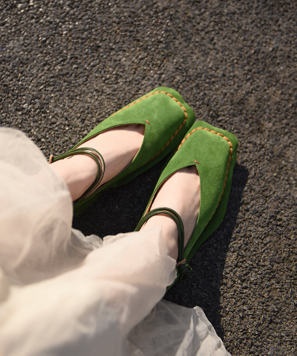 Boutique Blue Suede Flat Feet Shoes Splicing Buckle Strap