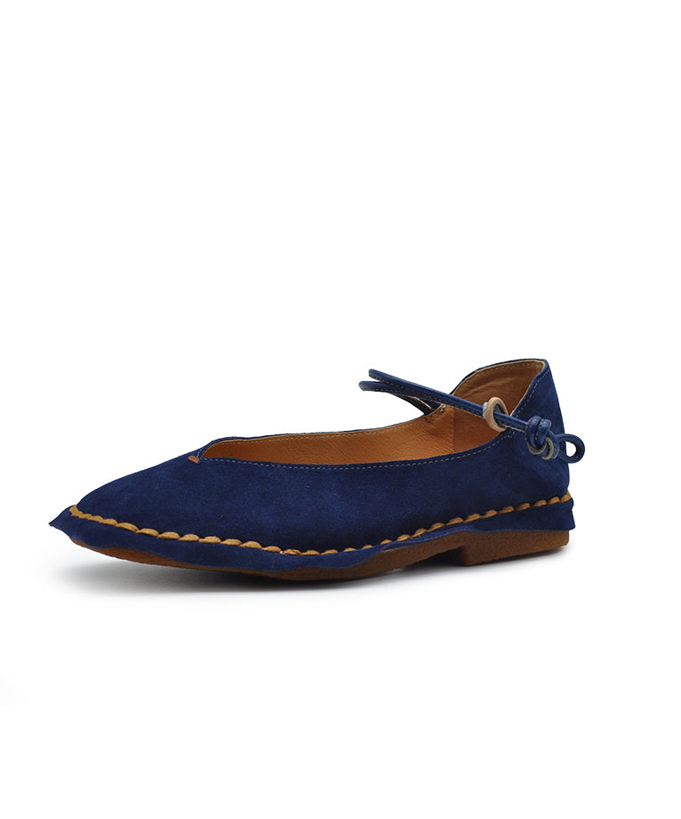 Boutique Blue Suede Flat Feet Shoes Splicing Buckle Strap