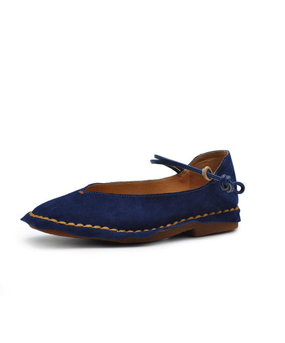 Boutique Blue Suede Flat Feet Shoes Splicing Buckle Strap