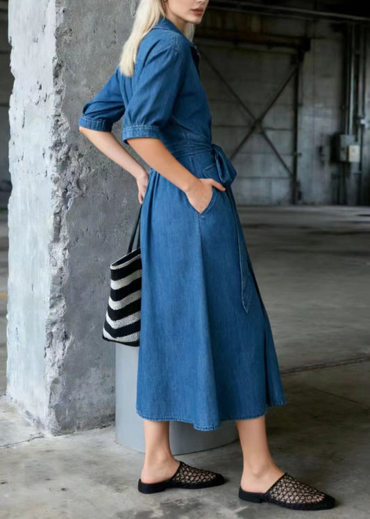 Boutique Blue Tie Waist Denim Long Dresses Half Sleeve