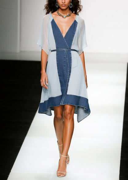 Boutique Blue V Neck Patchwork Chiffon Tea Dress Summer