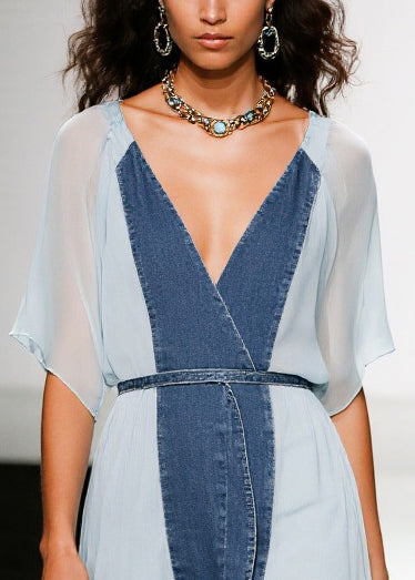 Boutique Blue V Neck Patchwork Chiffon Tea Dress Summer