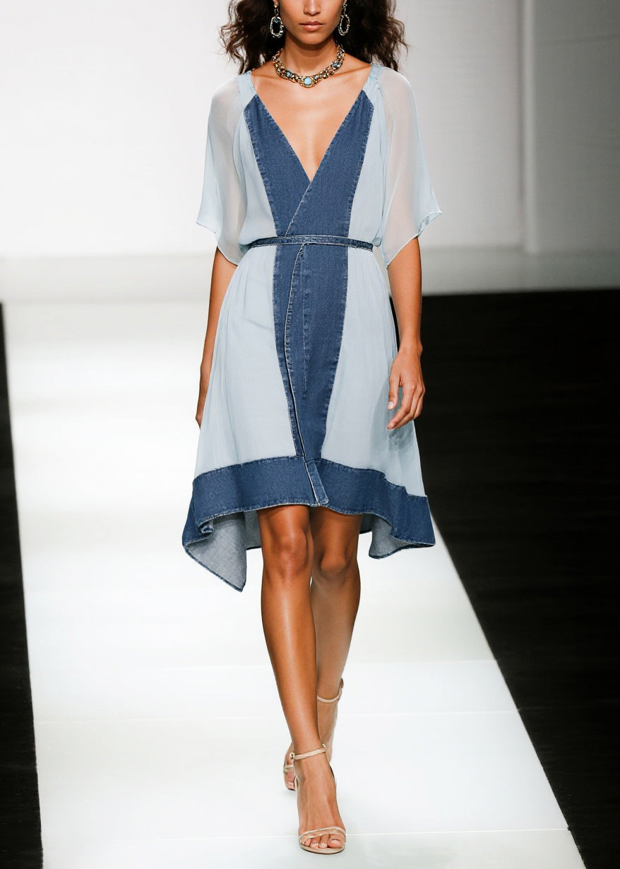 Boutique Blue V Neck Patchwork Chiffon Tea Dress Summer