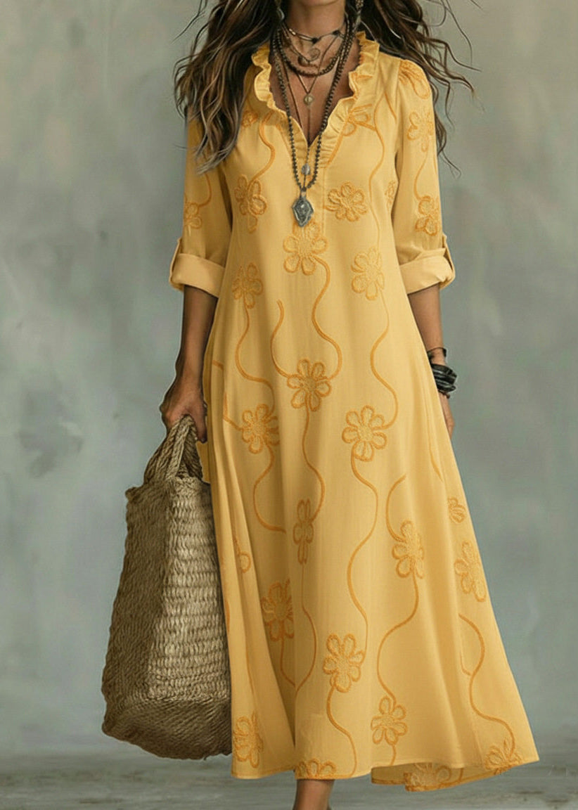Boutique Blue V Neck Ruffled Maxi Dress Long Sleeve