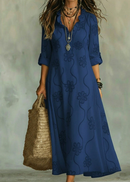 Boutique Blue V Neck Ruffled Maxi Dress Long Sleeve