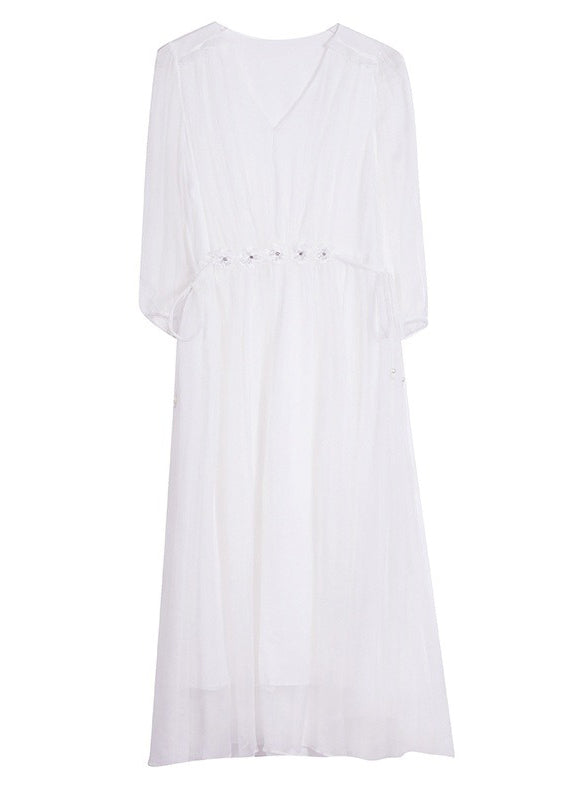 Boutique Blaues Seidenkleid mit V-Ausschnitt und Schnürung, Sommer