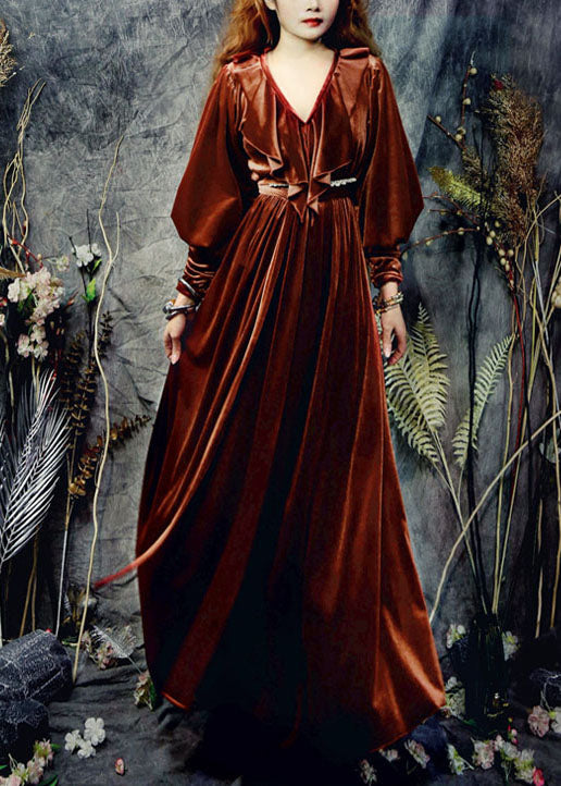 Boutique Ziegelrot V-Ausschnitt Rüschen Seidenvelours Cinch Kleider Frühling