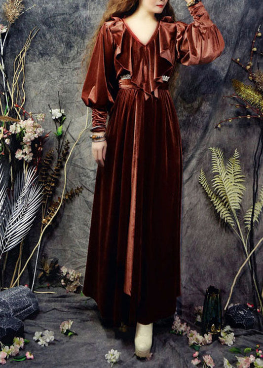 Boutique Ziegelrot V-Ausschnitt Rüschen Seidenvelours Cinch Kleider Frühling