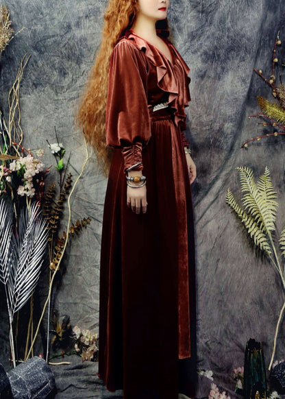 Boutique Ziegelrot V-Ausschnitt Rüschen Seidenvelours Cinch Kleider Frühling