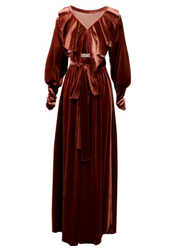 Boutique Ziegelrot V-Ausschnitt Rüschen Seidenvelours Cinch Kleider Frühling