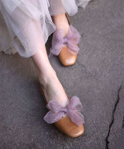 Boutique Brown Cowhide Leather Splicing Bow Penny Loafers