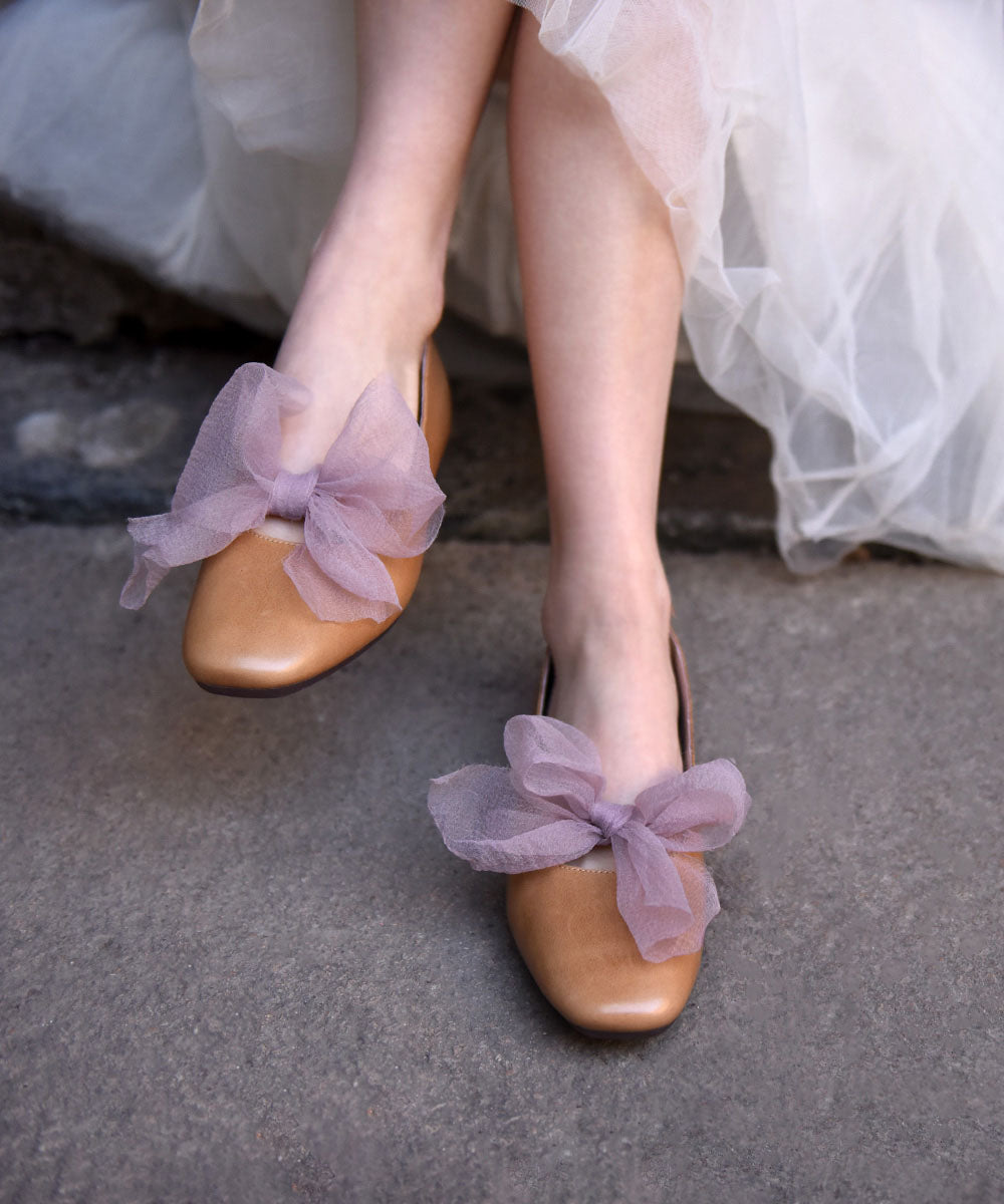 Boutique Brown Cowhide Leather Splicing Bow Penny Loafers