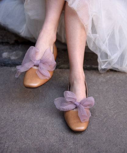 Boutique Brown Cowhide Leather Splicing Bow Penny Loafers