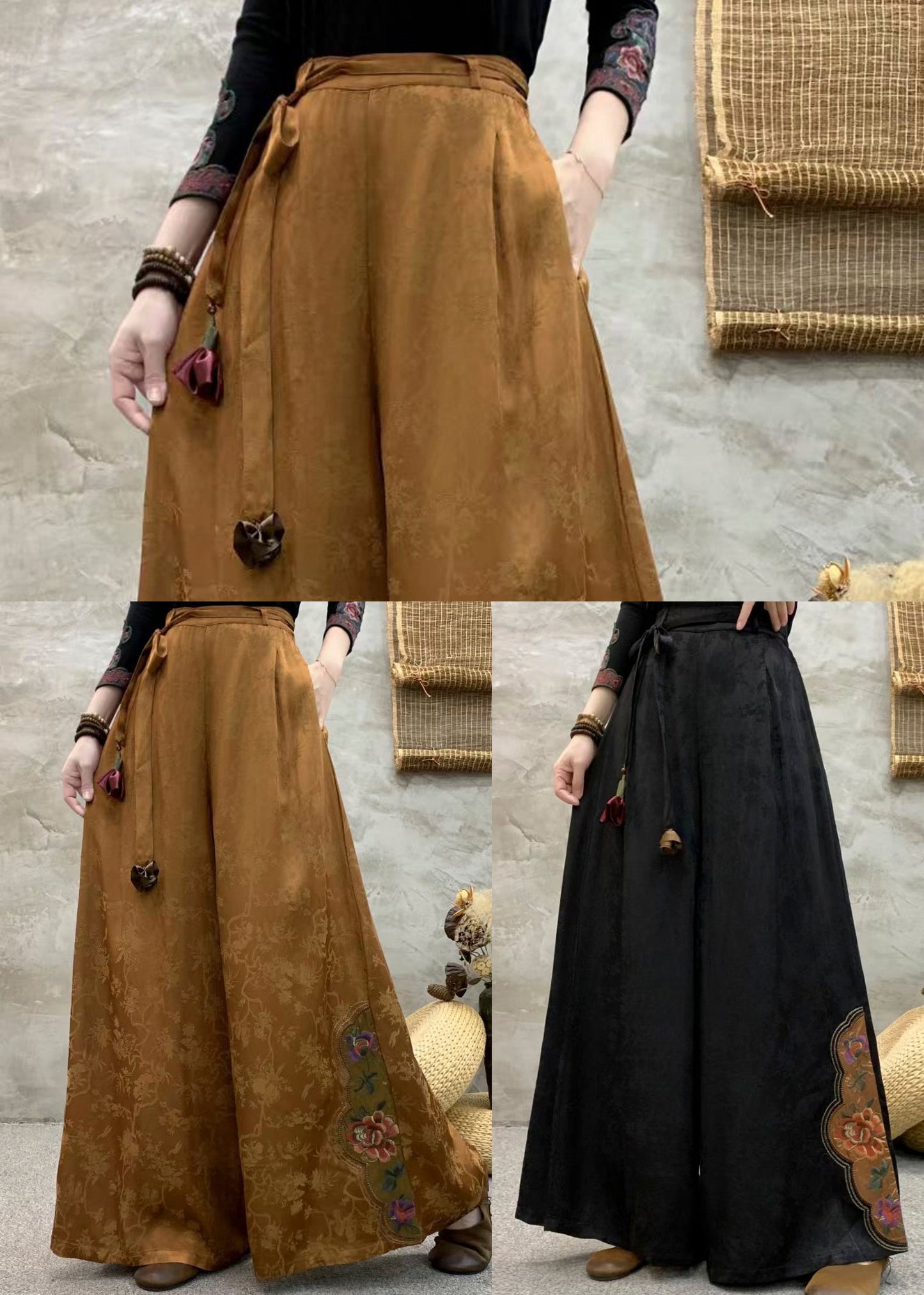 Boutique-Seidenhose in Braun mit bestickten Taschen für den Herbst