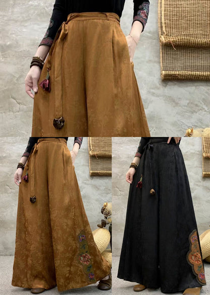 Boutique-Seidenhose in Braun mit bestickten Taschen für den Herbst