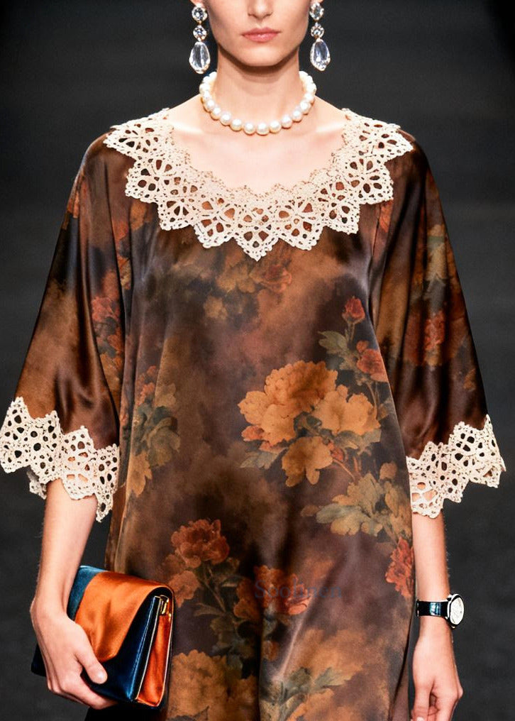 Boutique Brown Oversized Lace Patchwork Silk Maxi Dresses Summer