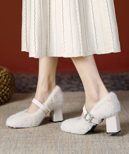 Boutique Hebilla Correa Empalme Tacón Grueso Lana de Conejo Negra