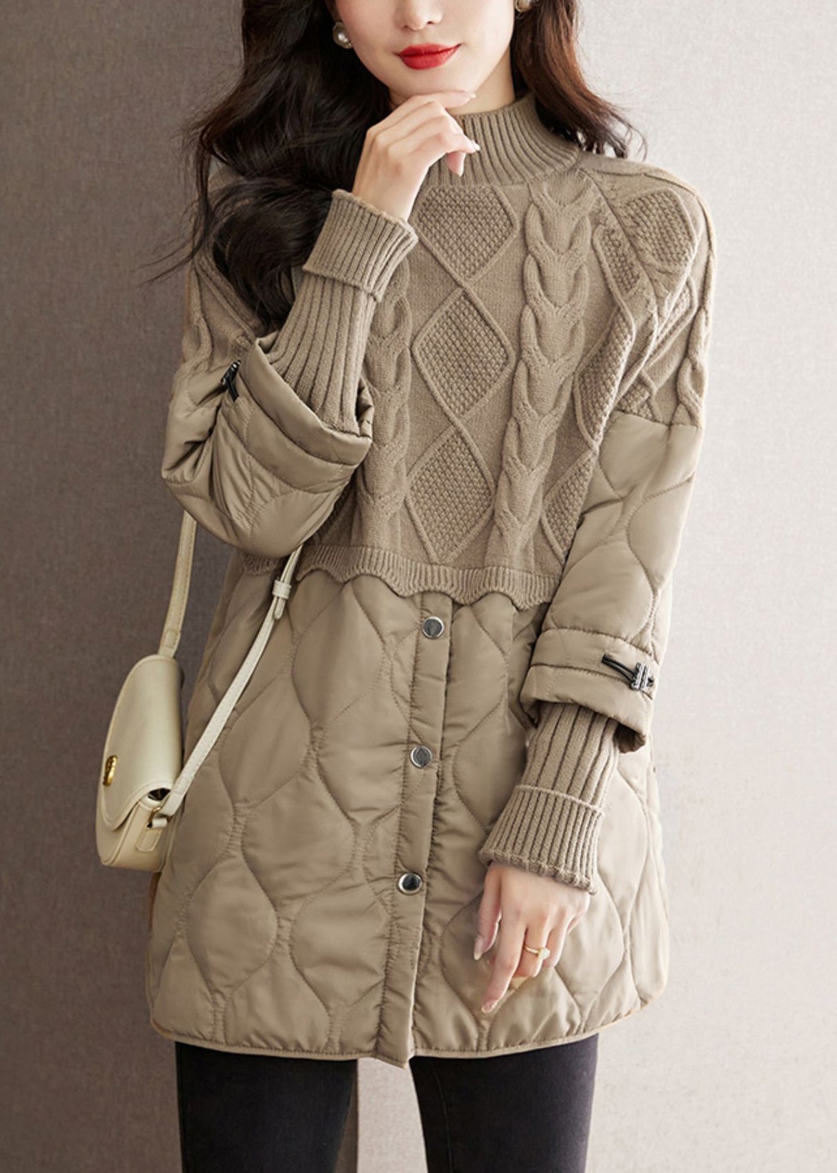 Boutique Camel Rollkragen Patchwork Button Dicken Zopfmuster Pullover Herbst