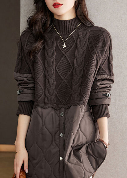 Boutique Camel Rollkragen Patchwork Button Dicken Zopfmuster Pullover Herbst