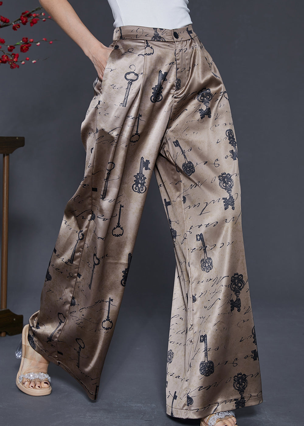Boutique Champagner Print Drapieren Chiffon Gerade Hosen Sommer