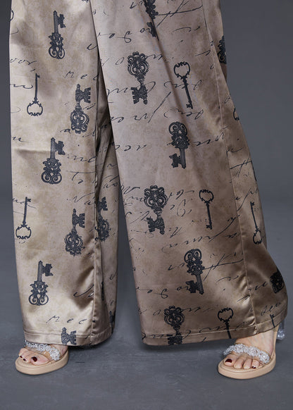 Boutique Champagner Print Drapieren Chiffon Gerade Hosen Sommer