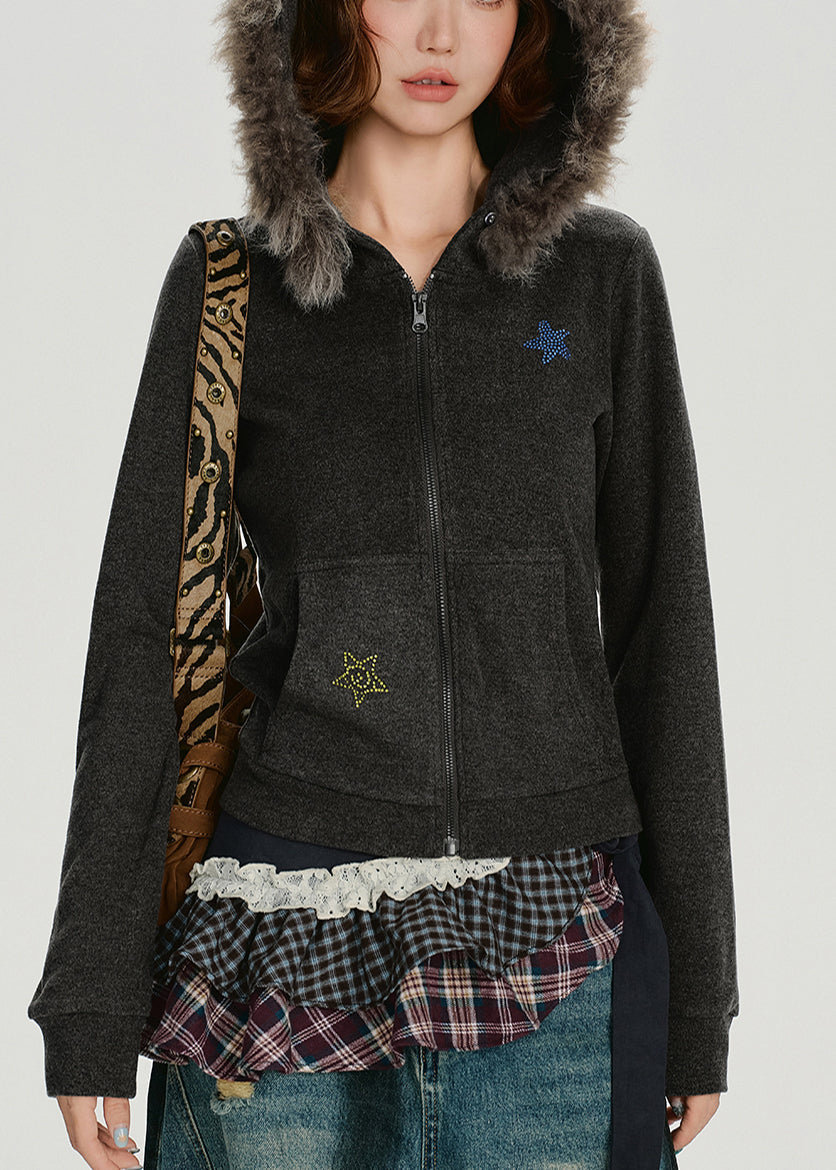 Boutique Anthrazitgrauer Kapuzenmantel aus Baumwolle mit Kragen aus Kunstkaninchenhaar und Sternenmuster, Wintermantel