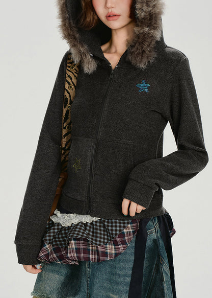 Boutique Anthrazitgrauer Kapuzenmantel aus Baumwolle mit Kragen aus Kunstkaninchenhaar und Sternenmuster, Wintermantel