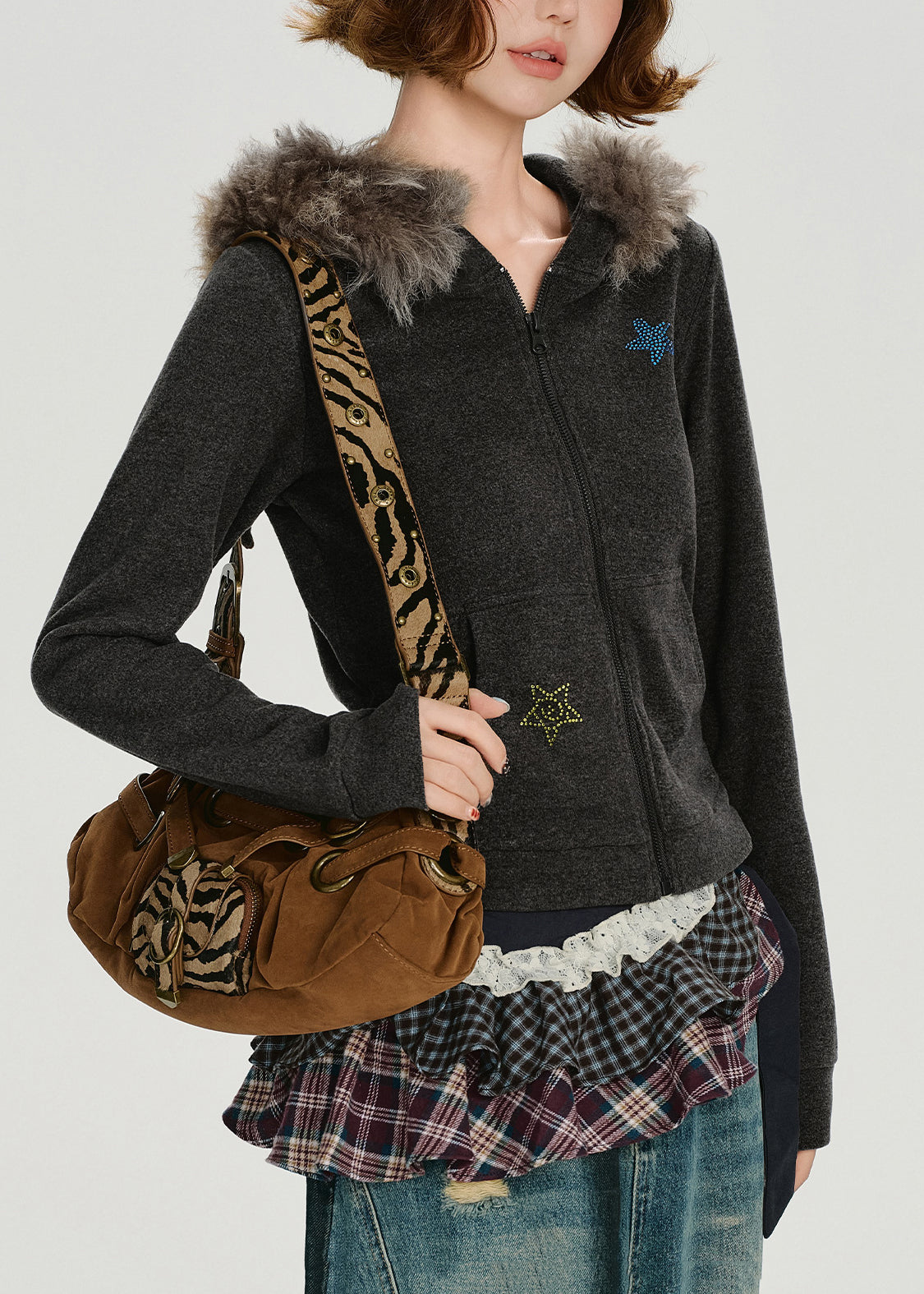 Boutique Anthrazitgrauer Kapuzenmantel aus Baumwolle mit Kragen aus Kunstkaninchenhaar und Sternenmuster, Wintermantel