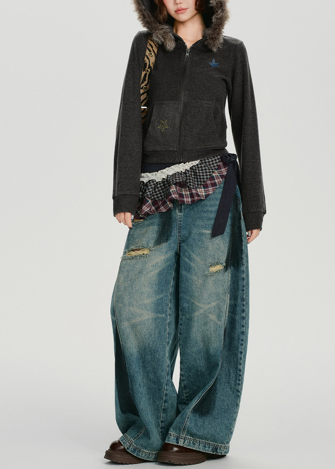 Boutique Anthrazitgrauer Kapuzenmantel aus Baumwolle mit Kragen aus Kunstkaninchenhaar und Sternenmuster, Wintermantel