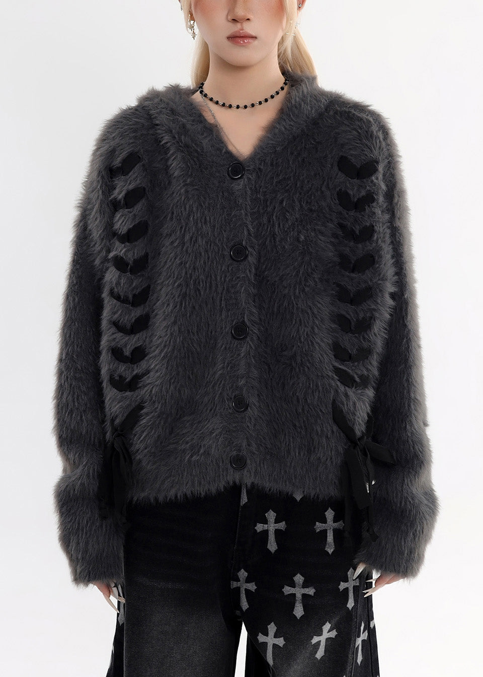 Boutique Anthrazitgraue Kapuzenstrickjacken aus Nerzsamt mit Hasenohren für den Winter