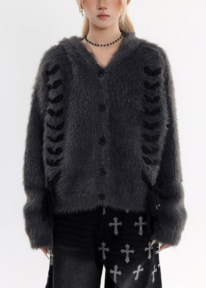 Boutique Anthrazitgraue Kapuzenstrickjacken aus Nerzsamt mit Hasenohren für den Winter