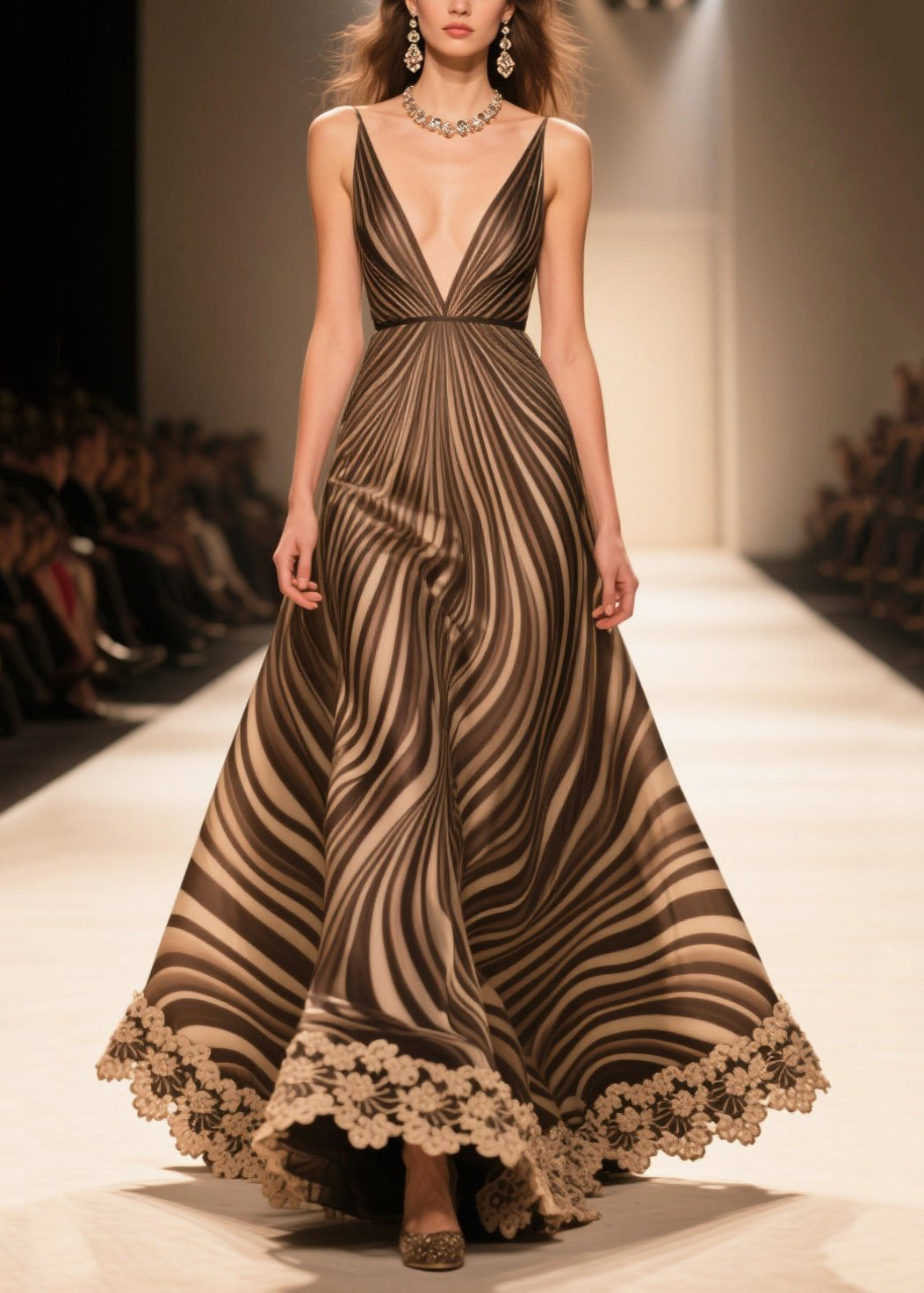 Boutique Chocolate Striped Patchwork Lace Chiffon Evening Dress Summer