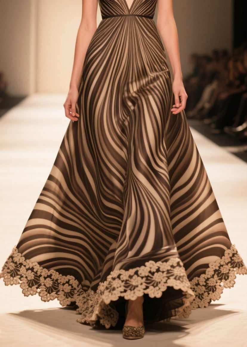 Boutique Chocolate Striped Patchwork Lace Chiffon Evening Dress Summer