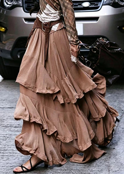 Boutique Coffee Asymmetrical Layered Cotton Skirt Summer