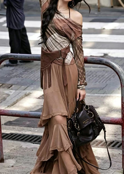 Boutique Coffee Asymmetrical Layered Cotton Skirt Summer