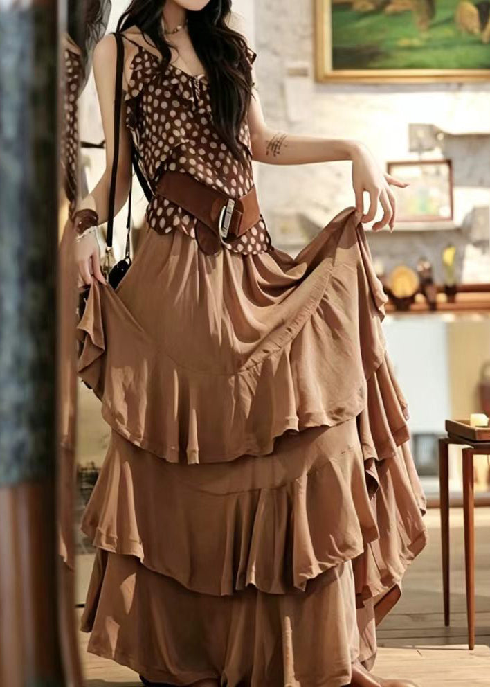 Boutique Coffee Asymmetrical Layered Cotton Skirt Summer