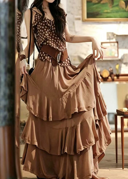 Boutique Coffee Asymmetrical Layered Cotton Skirt Summer