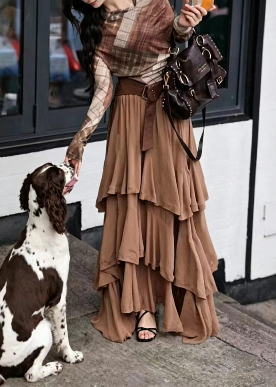 Boutique Coffee Asymmetrical Layered Cotton Skirt Summer