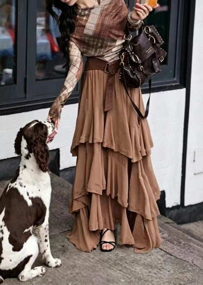 Boutique Coffee Asymmetrical Layered Cotton Skirt Summer