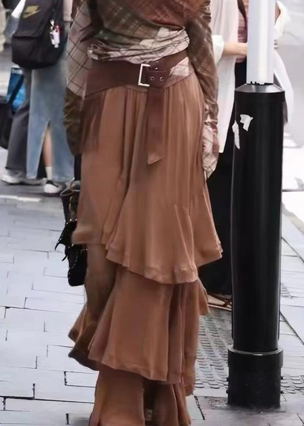 Boutique Coffee Asymmetrical Layered Cotton Skirt Summer