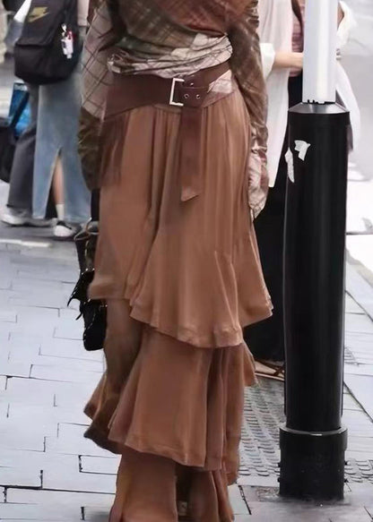 Boutique Coffee Asymmetrical Layered Cotton Skirt Summer