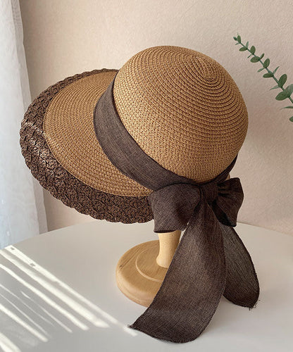 Boutique Coffee Bow Straw Woven Holiday Floppy Sun Hat