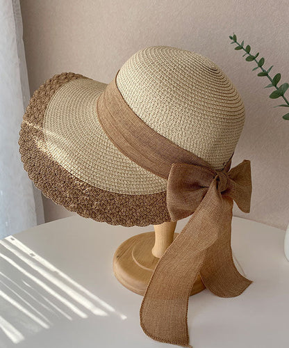 Boutique Coffee Bow Straw Woven Holiday Floppy Sun Hat