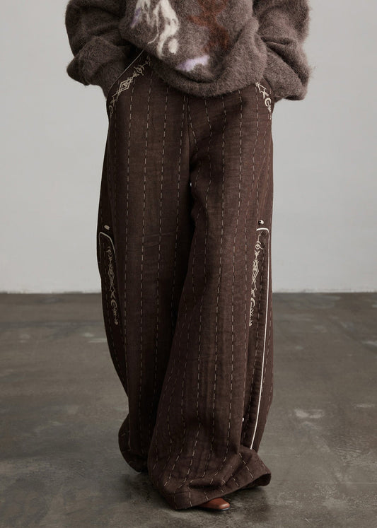 Boutique Coffee Embroidered Pockets Warm Fleece Pants Winter