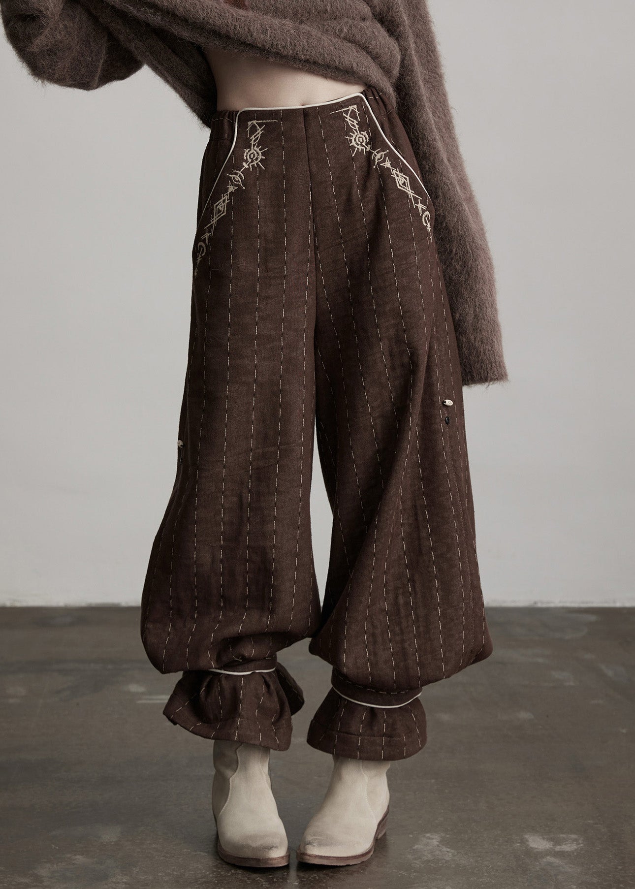 Boutique Coffee Embroidered Pockets Warm Fleece Pants Winter