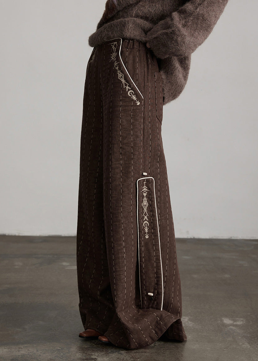 Boutique Coffee Embroidered Pockets Warm Fleece Pants Winter