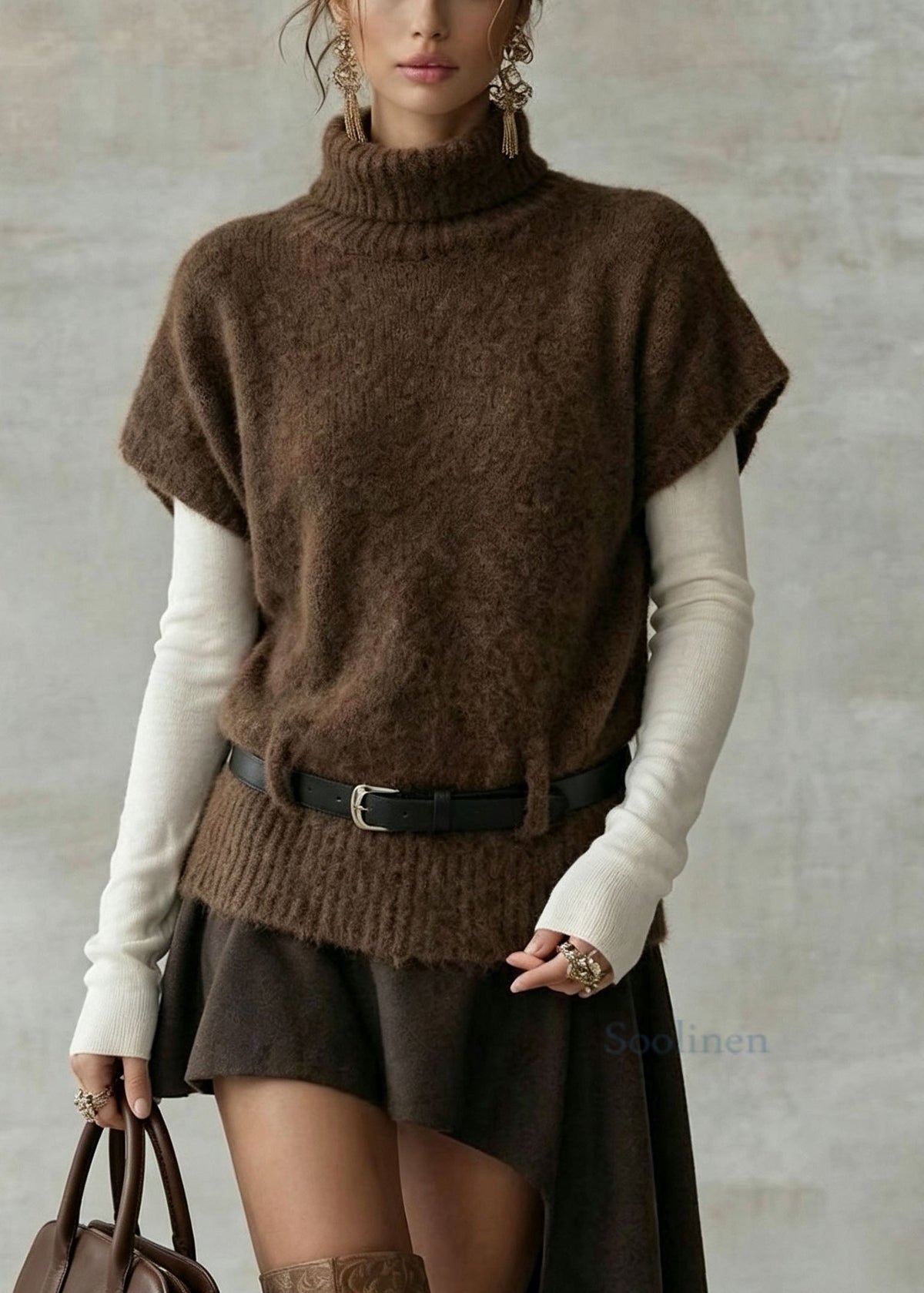 Boutique Coffee Hign Neck Patchwork Knit Vest Top Fall