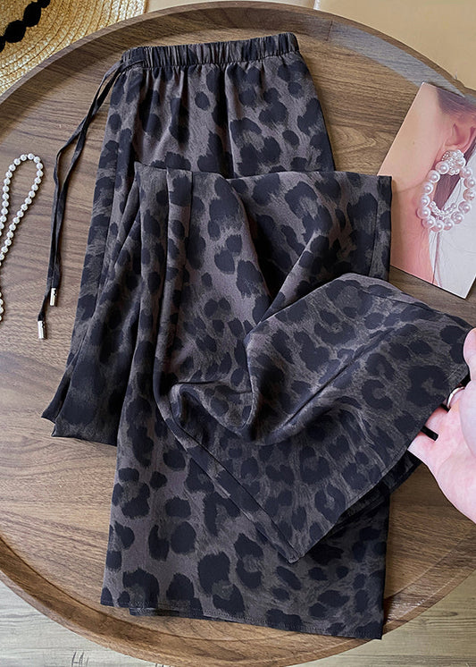 Boutique Coffee Leopard Print Draping Tie Waist Wide Leg Pants