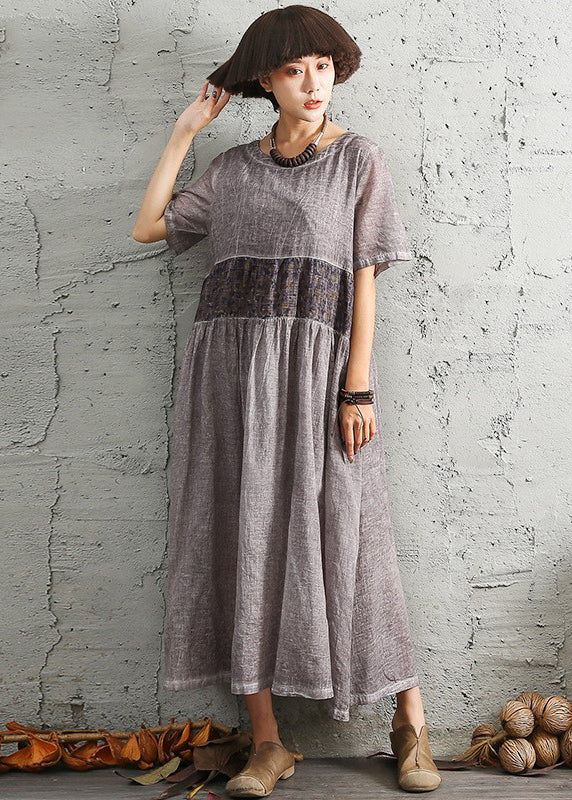 Boutique Chocolate O-Neck Patchwork Cotton Long Dress Short Sleeve