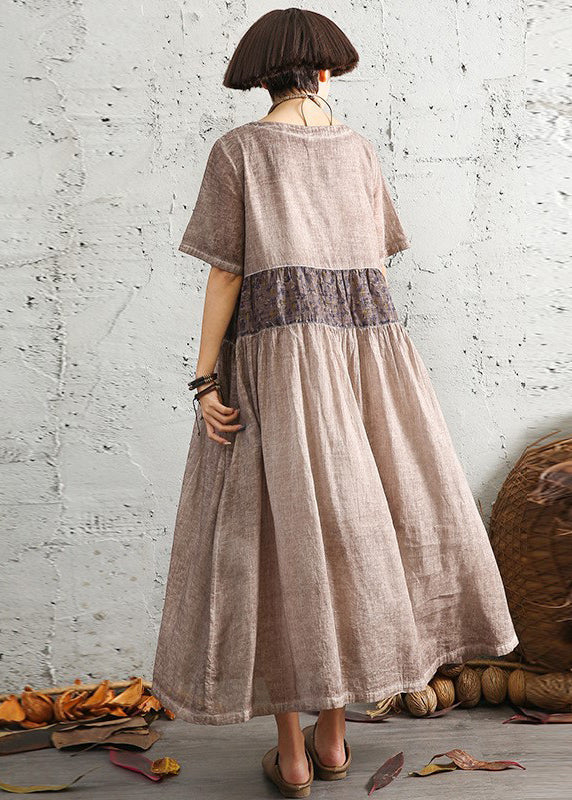 Boutique Chocolate O-Neck Patchwork Cotton Long Dress Short Sleeve